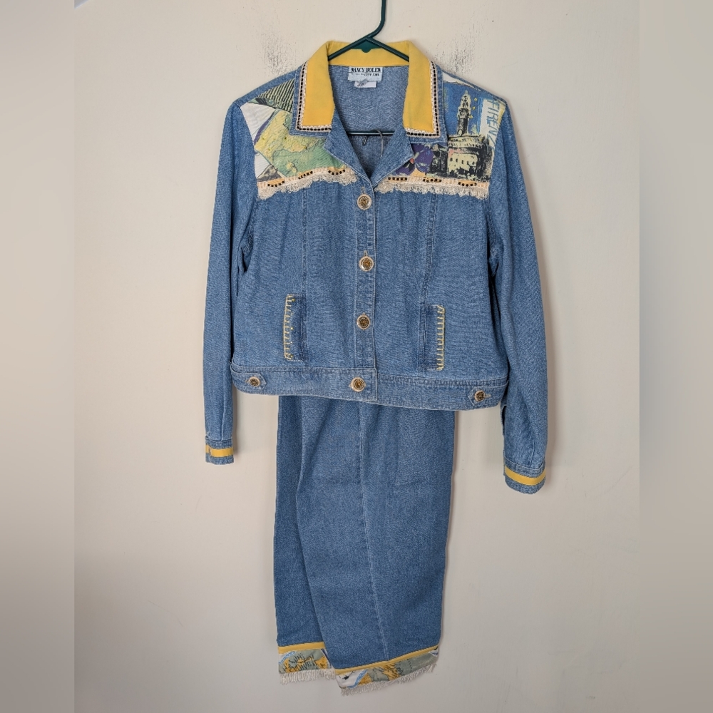 American Vintage Jacket &‎ Pants Suit Women's Petite 12 Blue/Yellow Fringe Artsy